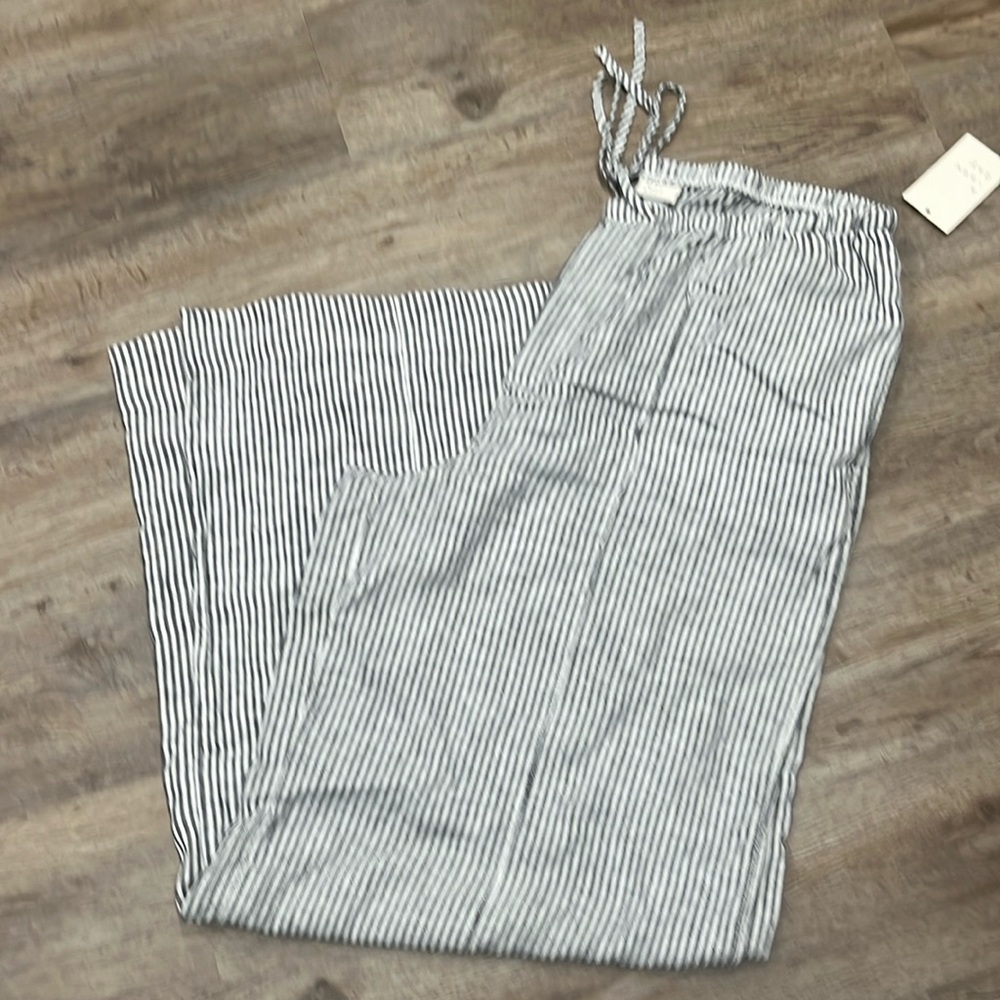 A new day size LG linen pants. dark grey and white striped. brand new with tags